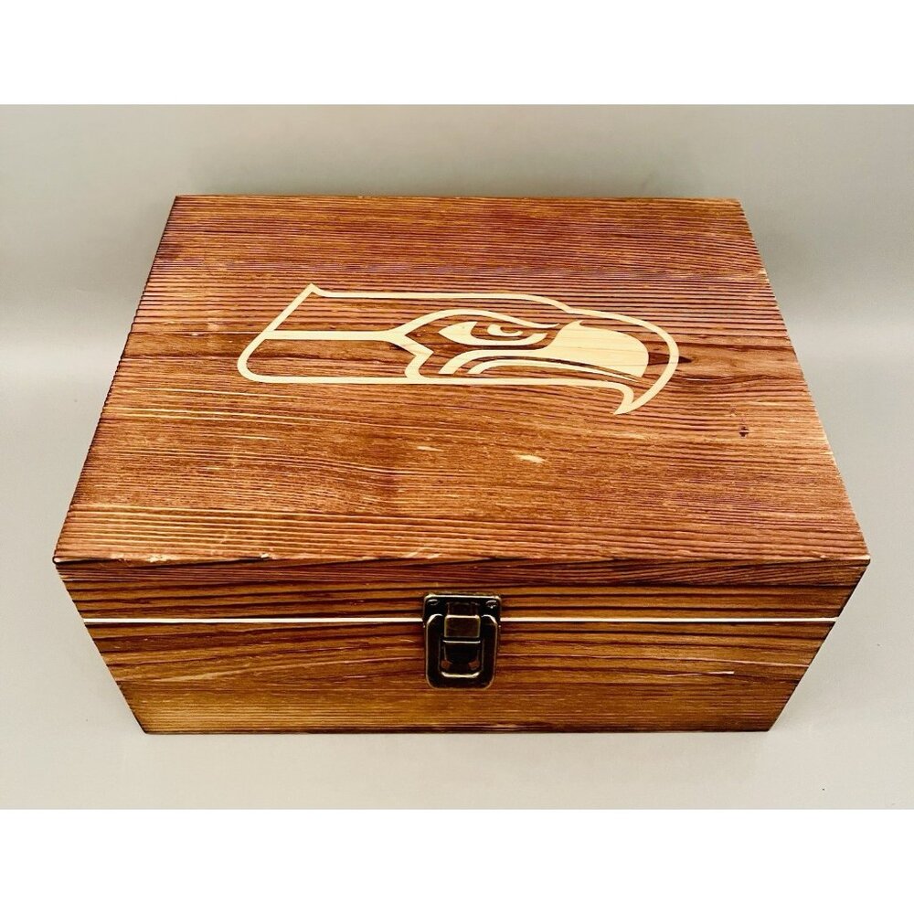 Seattle Seahawks Fan Lot: Wooden Stash Box, 2 Bar Coasters & 8 Stone Ice Cubes